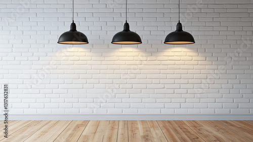 three black hanging lamps above an empty room