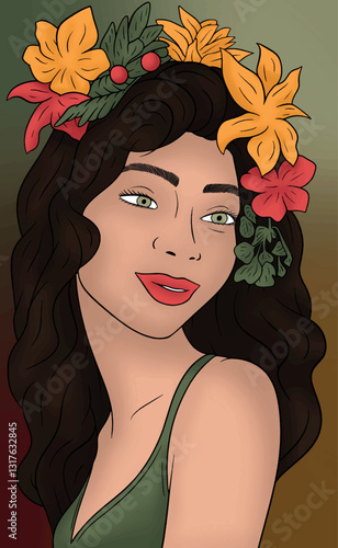 Illustration of exotic girl with flowers