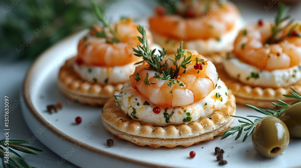 Delicious appetizers with shrimps, cheese and aromatic herbs decorating a festive table Delicious appetizers with shrimps, cheese and aromatic herbs decorating a festive table
