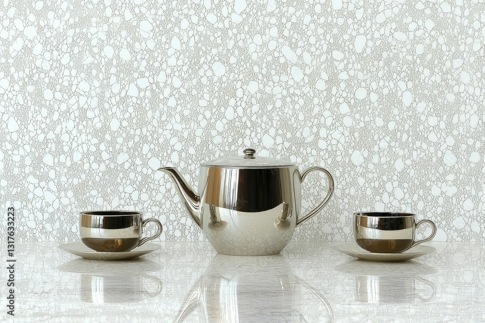 Fototapeta premium An Edwardian silver tea set elegantly arranged on a polished marble surface, casting soft reflections in natural light.