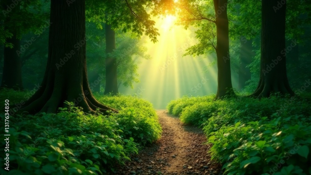 Naklejka premium a dirt path through a dense green forest with light in the distance