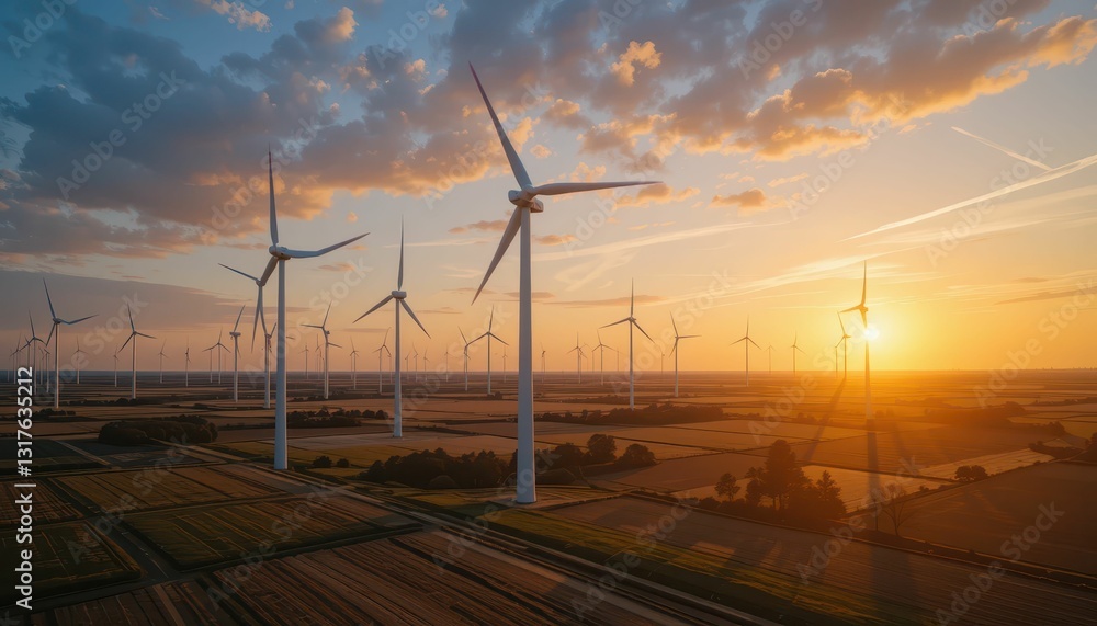 Obraz premium Scenic Wind Turbines Against Sunset Over Agricultural Landscape