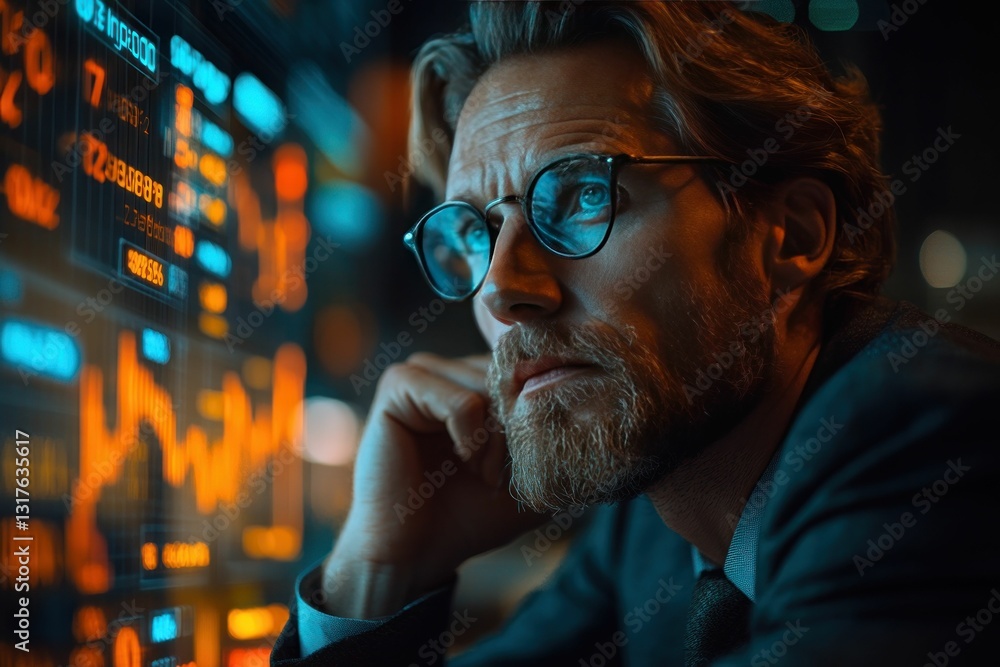 Man contemplates digital data, orange and blue hues. Man contemplates digital data, orange and blue hues.