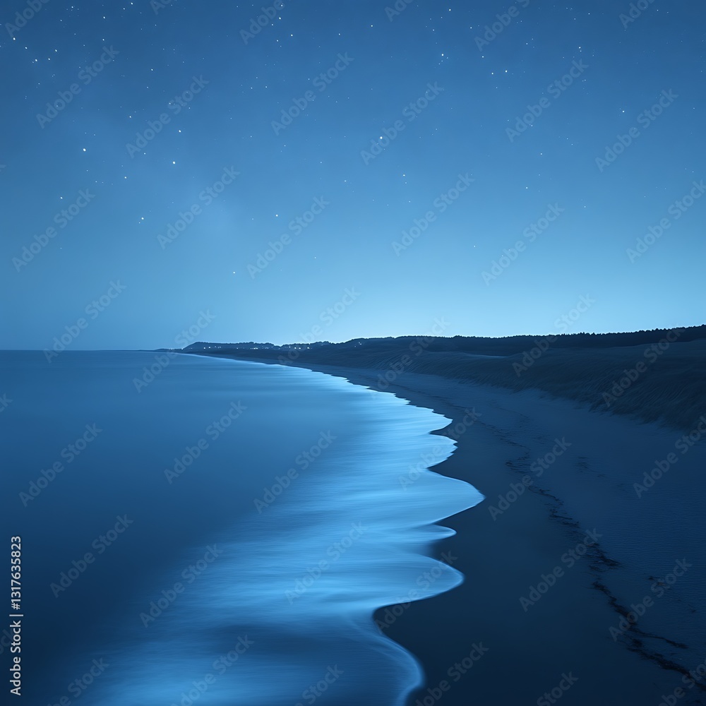 Naklejka premium The moonlit ocean meets a sandy beach under a starry sky