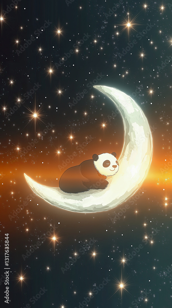 Fototapeta premium A panda bear is sitting on a full moon