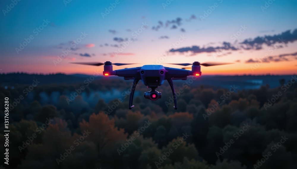 Fototapeta premium Drone Flying Over Lush Forest at Sunset with Colorful Sky