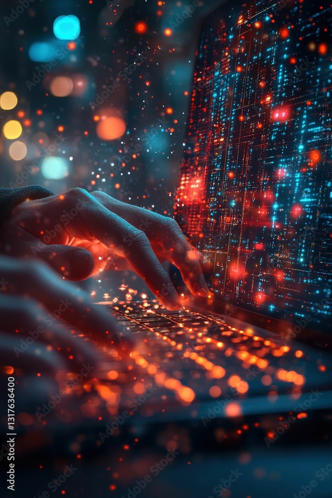 Hands typing glowing laptop keyboard, digital code displayed. Hands typing glowing laptop keyboard, digital code displayed.