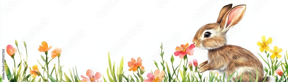 Obraz premium Curious Bunny Sniffing Bright Flowers in Soft Watercolor Style on a White Background