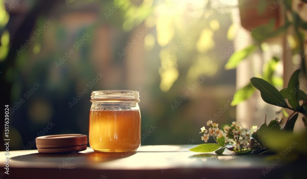 Jar of Honey on Wooden Table in Natural Garden Setting Jar of Honey on Wooden Table in Natural Garden Setting