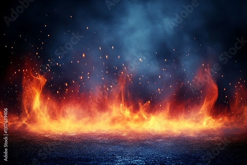 A fiery scene of flames against a dark smoky backdrop