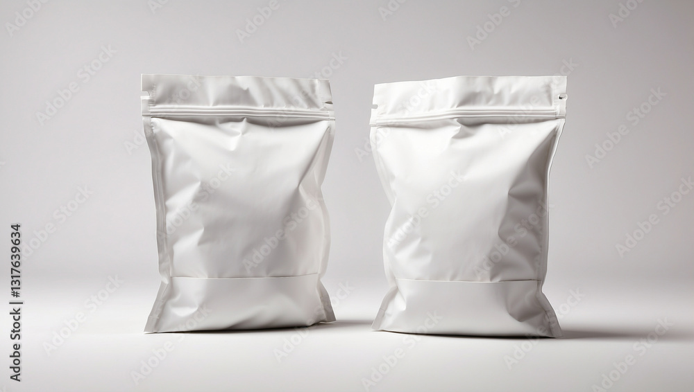 Pair of White Doypacks Isolated on a White Background for Packaging and Storage Solutions Pair of White Doypacks Isolated on a White Background for Packaging and Storage Solutions