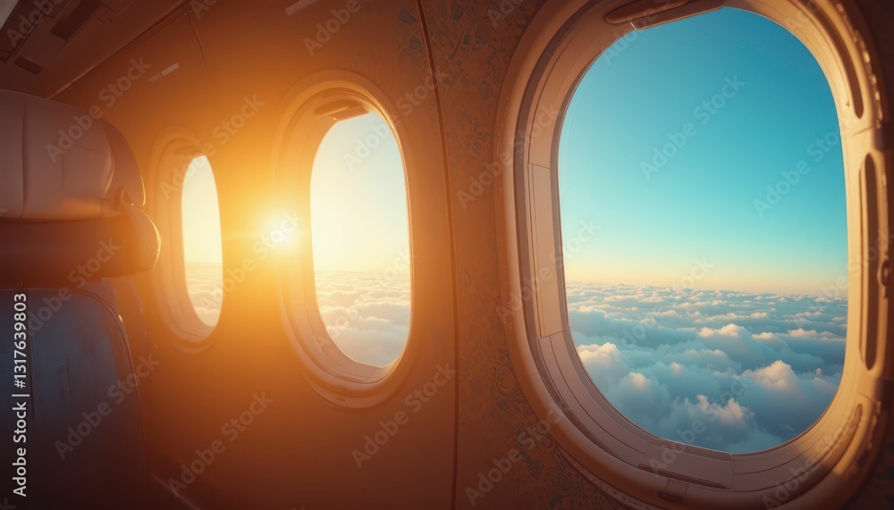 Breathtaking View from Airplane Window During Sunrise Over Clouds Breathtaking View from Airplane Window During Sunrise Over Clouds