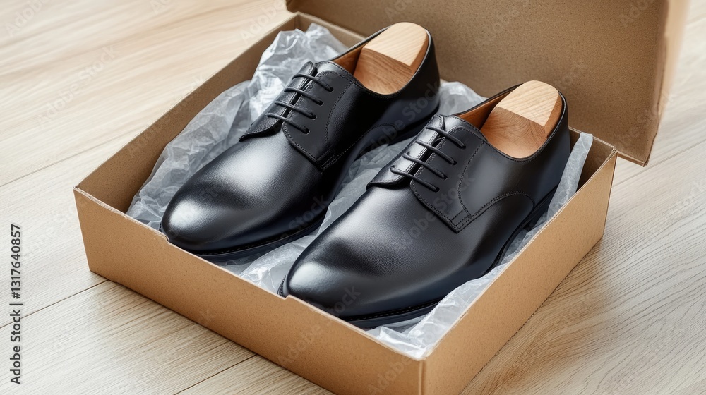 A pair of elegant leather dress shoes neatly placed inside an open shoebox with tissue paper lining A pair of elegant leather dress shoes neatly placed inside an open shoebox with tissue paper lining