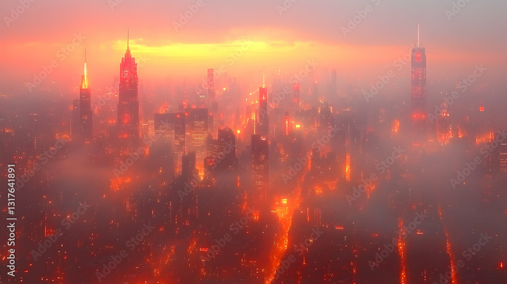 Fototapeta premium A hazy, fiery cityscape