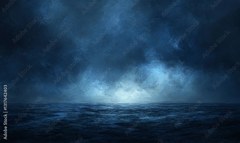 Fototapeta premium Dark Ocean Horizon Under Moody Sky Creates an Eerie Atmospheric Landscape