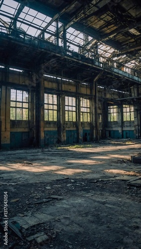 Abandoned industrial interior with low lighting.