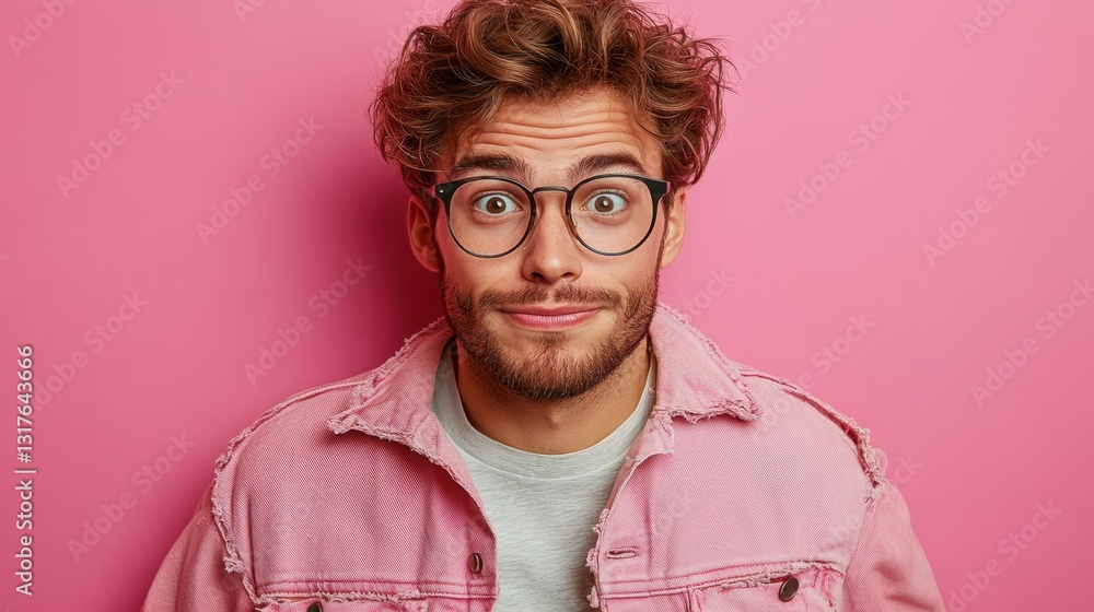 Curious stylish man raising eyebrows and biting lips wondering on pink background.Portrait of a surprised young man wearing eyeglasses and pink denim jacket posing on a pink background Curious stylish man raising eyebrows and biting lips wondering on pink background.Portrait of a surprised young man wearing eyeglasses and pink denim jacket posing on a pink background