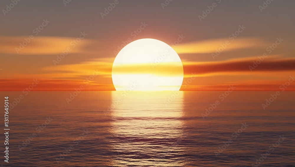 Obraz premium A brilliant sunset over a vast ocean horizon, with the sun appearing as a perfect white sphere halfway submerged in the water. The ocean surface stretches endlessly toward the horizon