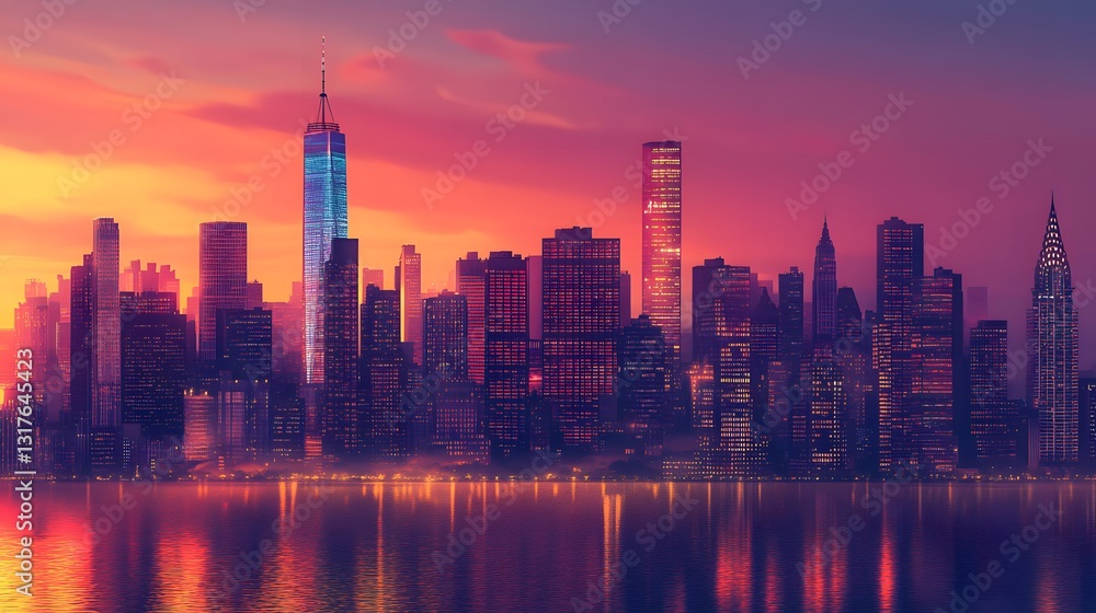 a stunning skyline of a major city at sunset, with tall buildings silhouetted against a vibrant sky and reflecting on the water a stunning skyline of a major city at sunset, with tall buildings silhouetted against a vibrant sky and reflecting on the water