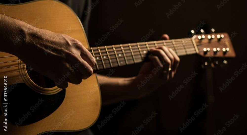 Fototapeta premium Close-up of Guitarist's Hands Playing Acoustic Guitar