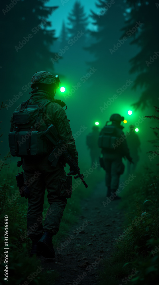 A Captivating Night-Time Image of Soldiers on Patrol with the Latest Night-Vision Equipment A Captivating Night-Time Image of Soldiers on Patrol with the Latest Night-Vision Equipment