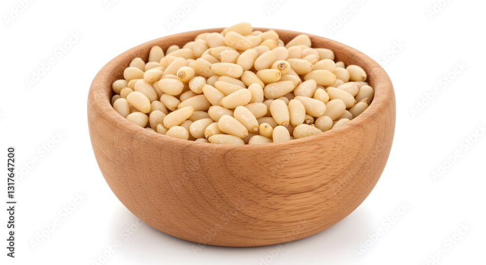 Raw Pine Nuts in a Wooden Bowl on White Background – Gourmet Healthy Ingredient Raw Pine Nuts in a Wooden Bowl on White Background – Gourmet Healthy Ingredient