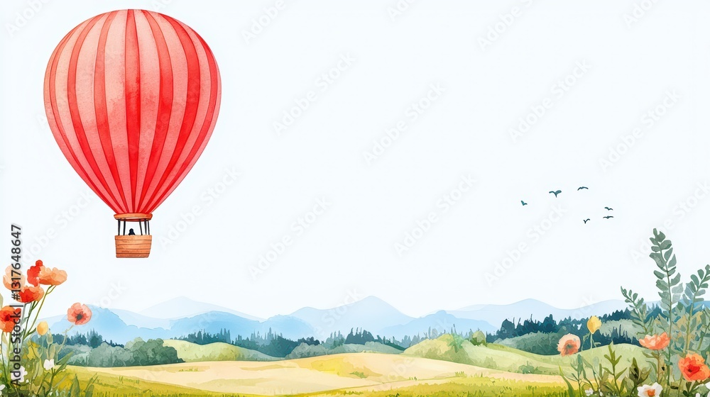 Obraz premium Scenic Watercolor Hot Air Balloon in Vibrant Landscape with Flowers and Mountains