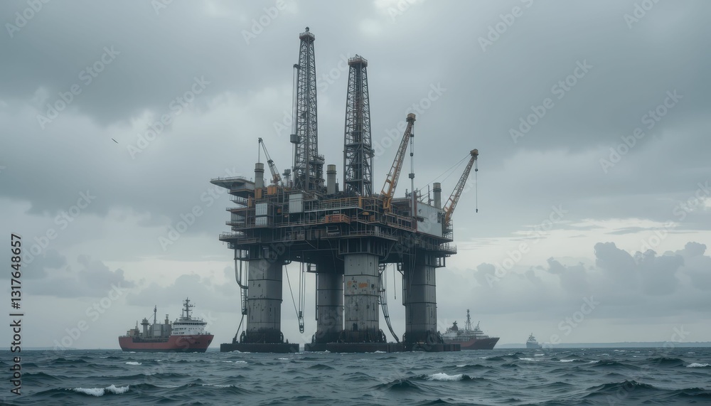 Offshore oil rig under cloudy sky with ships in the background Offshore oil rig under cloudy sky with ships in the background