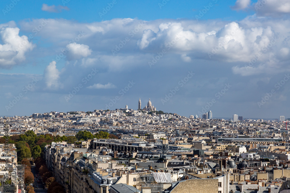 Europe, Paris. Boulevard Champs Elysees . View from the top of the Arc de Triomphe toward Montartre and Sacré-Coeur Basilica.