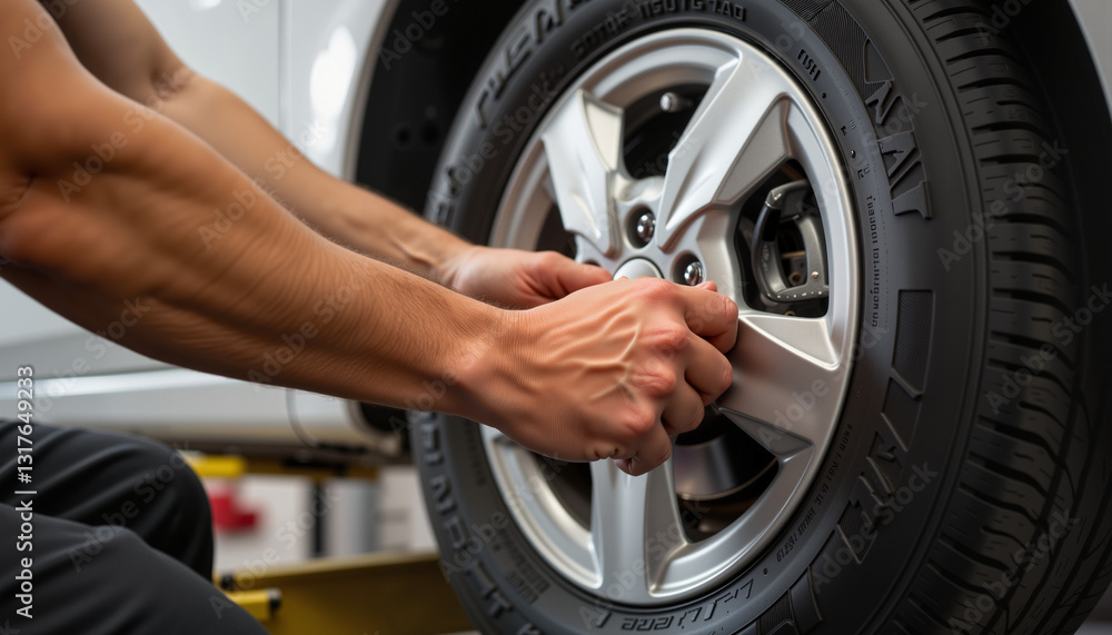 Focused mechanic tightening bolts on a car wheel, automotive precision Focused mechanic tightening bolts on a car wheel, automotive precision