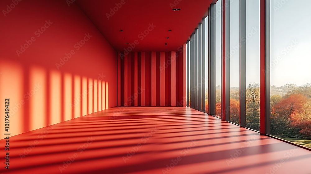Interior space with red walls and a large glass window Interior space with red walls and a large glass window