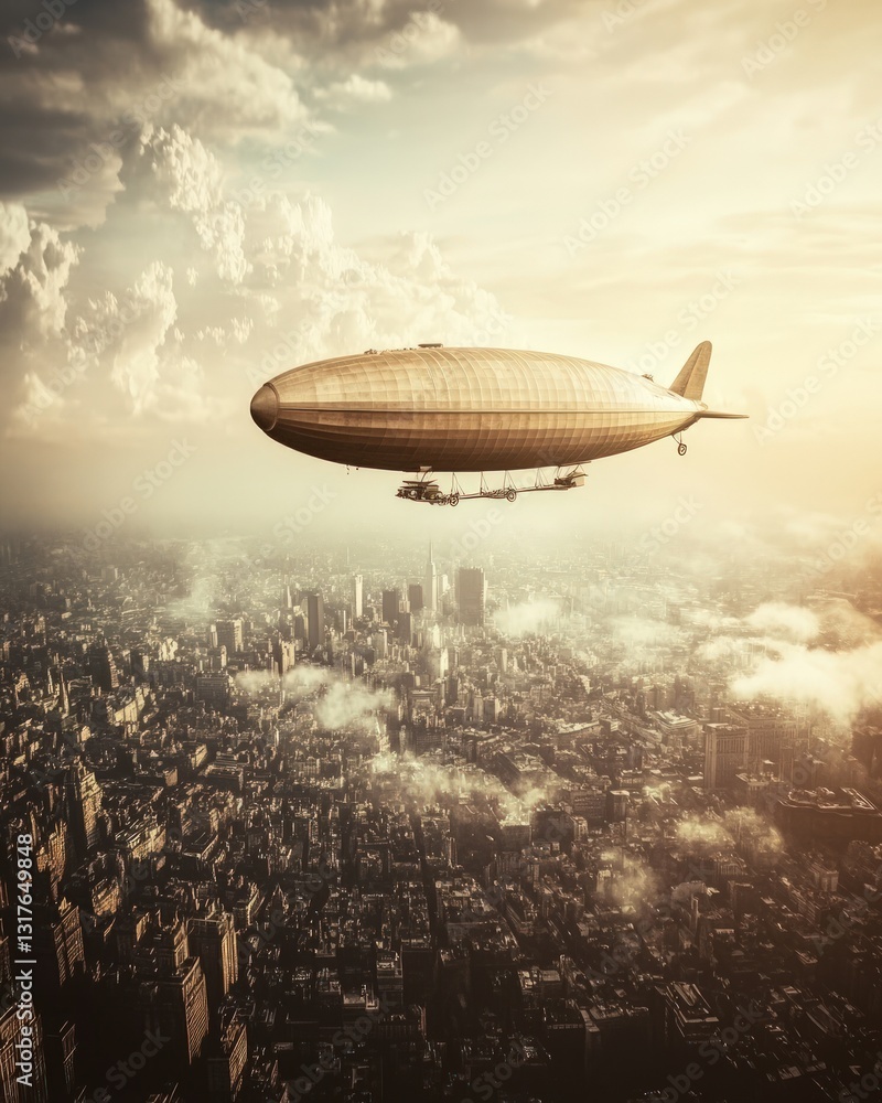 Obraz premium Pixelated airship soaring above a cityscape with dramatic clouds and warm sunlight creating a vintage or retro feel. The pixelated style gives an unreal atmosphere