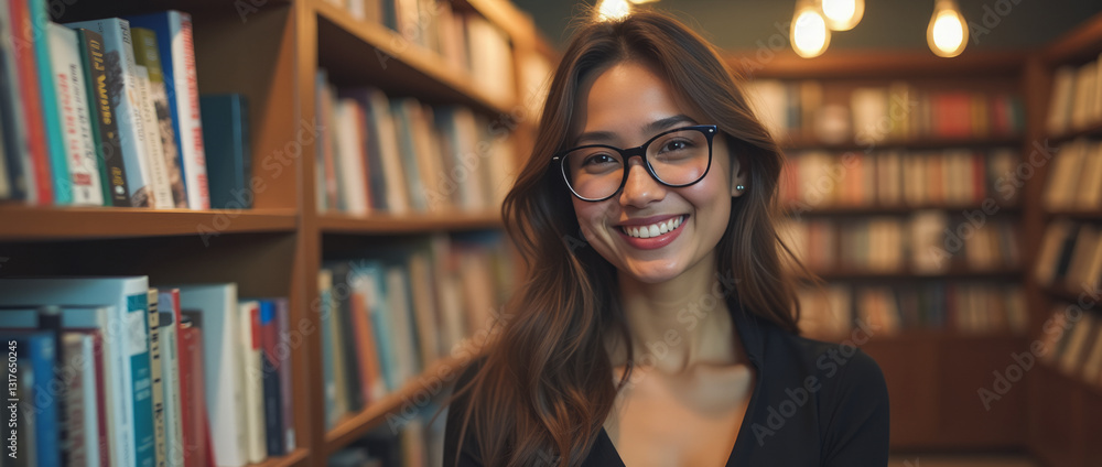 Cozy Bookstore: A Vibrant Portrait of a Cheerful Young Caucasian Woman Wearing Glasses and a Chic Outfit Cozy Bookstore: A Vibrant Portrait of a Cheerful Young Caucasian Woman Wearing Glasses and a Chic Outfit