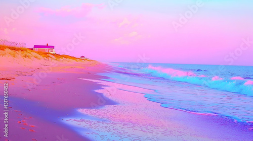 Coastal house sunset beach waves ocean serenity travel postcard