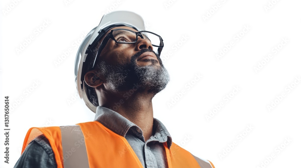 Fototapeta premium Construction worker looking upward. Dark-skinned male construction worker wearing a safety helmet, glasses, and an orange safety vest