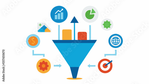 Funnel Diagram A funnel illustration showing a mix of various icons stocks bonds alternative investments being poured into a larger container labeled Diverse Investment Strategy.