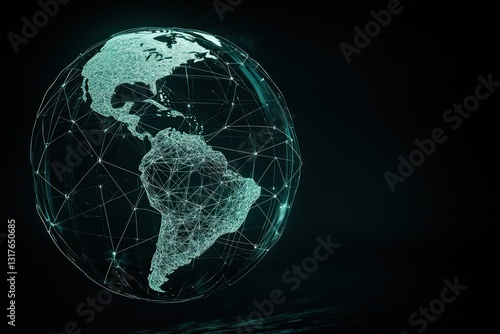 Global network. America highlighted on globe with connected dots on a dark background