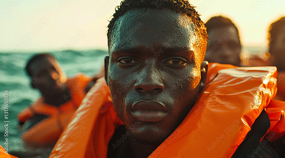 Sur le bateau avec des migrants sauvetage en mer. IA GENERATED