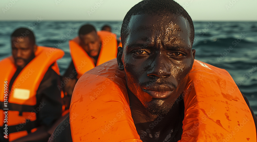 migrants après le sauvetage dans l'eau en mer. IA GENERATED