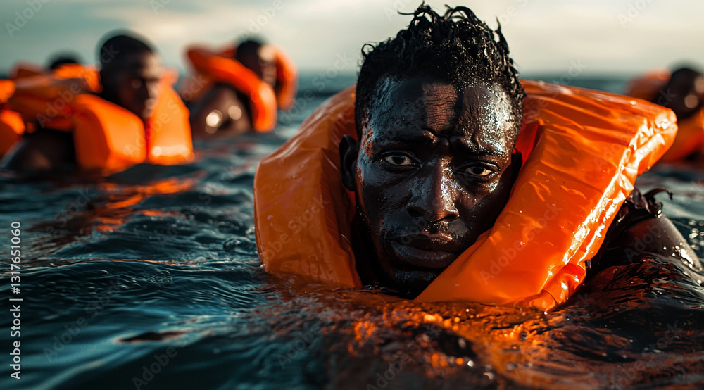 au large migrants sauvetage dans l'eau en mer. IA GENERATED