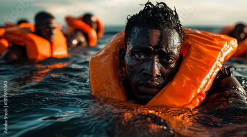 Obraz na płótnie au large migrants sauvetage dans l'eau en mer. IA GENERATED w salonie