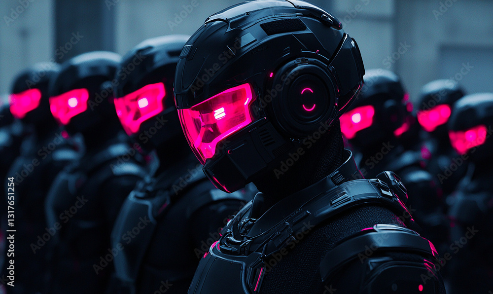 soldats futuristes avec un casque lumineux roses - IA Generative