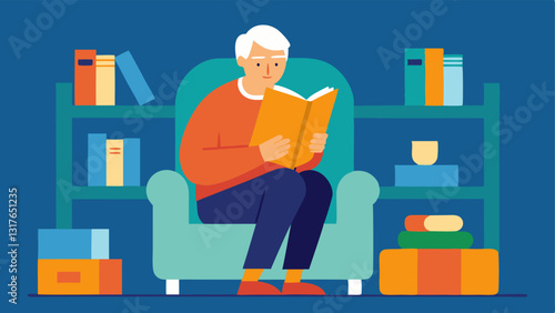 Reading Alone An elderly person sitting in a cozy armchair reading a book surrounded by bookshelves filled with unread books portraying a thirst for knowledge and connection that