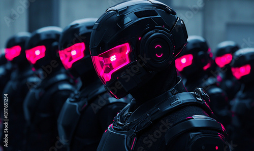Obraz na płótnie soldats futuristes avec un casque lumineux roses - IA Generative w salonie