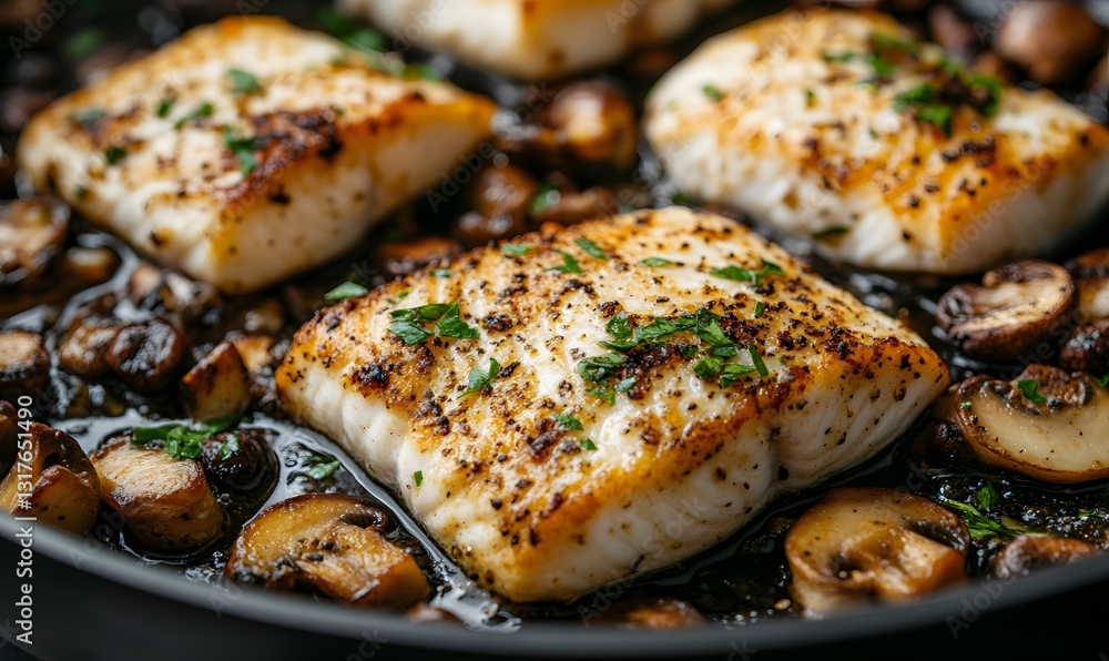 Pan-Seared Halibut with Sauteed Mushrooms, a Gourmet Seafood Dish Pan-Seared Halibut with Sauteed Mushrooms, a Gourmet Seafood Dish