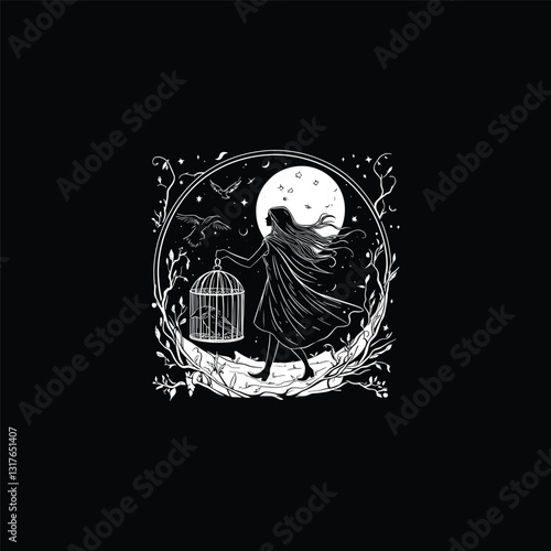 women carry iron cages at night design vector template illustration