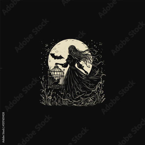 women carry iron cages at night design vector template illustration