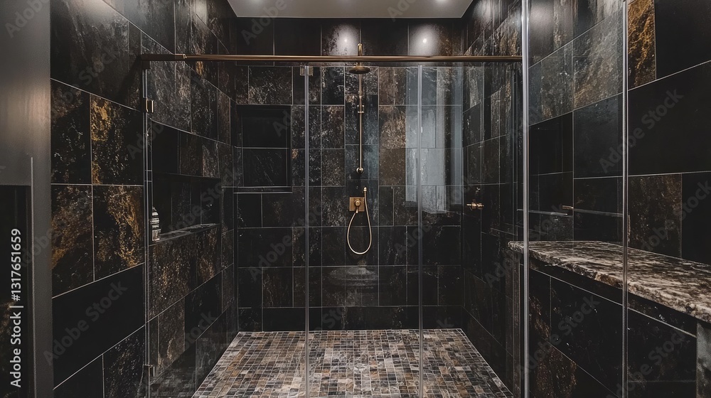 A walk-in shower with dark stone tiles, a rainfall showerhead, and glass enclosure A walk-in shower with dark stone tiles, a rainfall showerhead, and glass enclosure