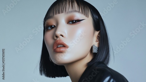 Futuristic East Asian Woman with Bold Graphic Eyeliner and Silver Ear Cuffs in Metallic Gray Background