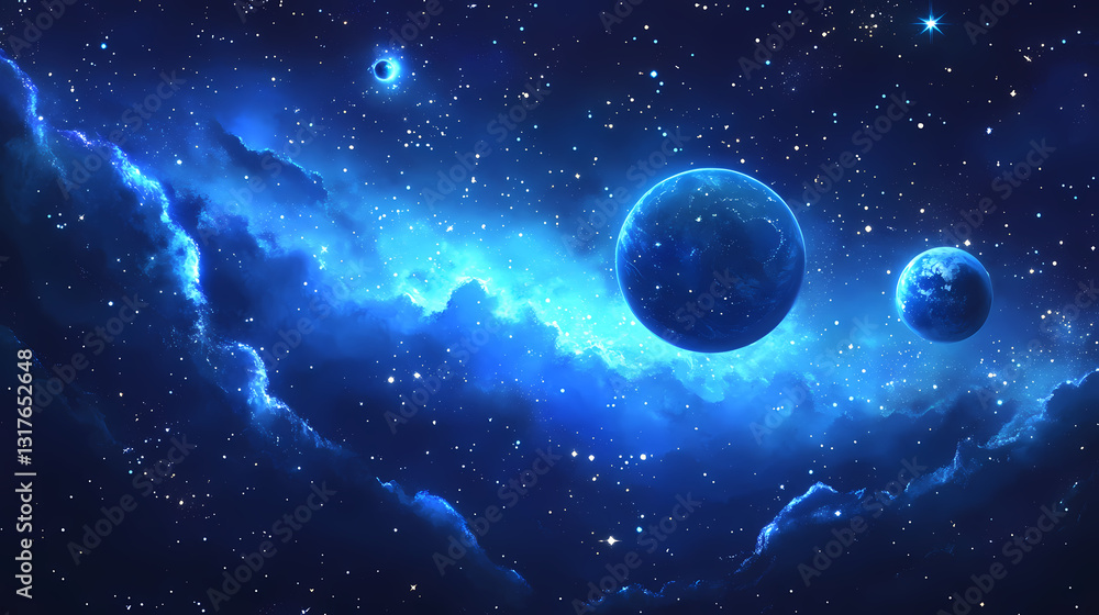 Celestial night sky with astrological symbols and planets glowing in blue hues across the universe. Ethereal Light. Illustration Celestial night sky with astrological symbols and planets glowing in blue hues across the universe. Ethereal Light. Illustration